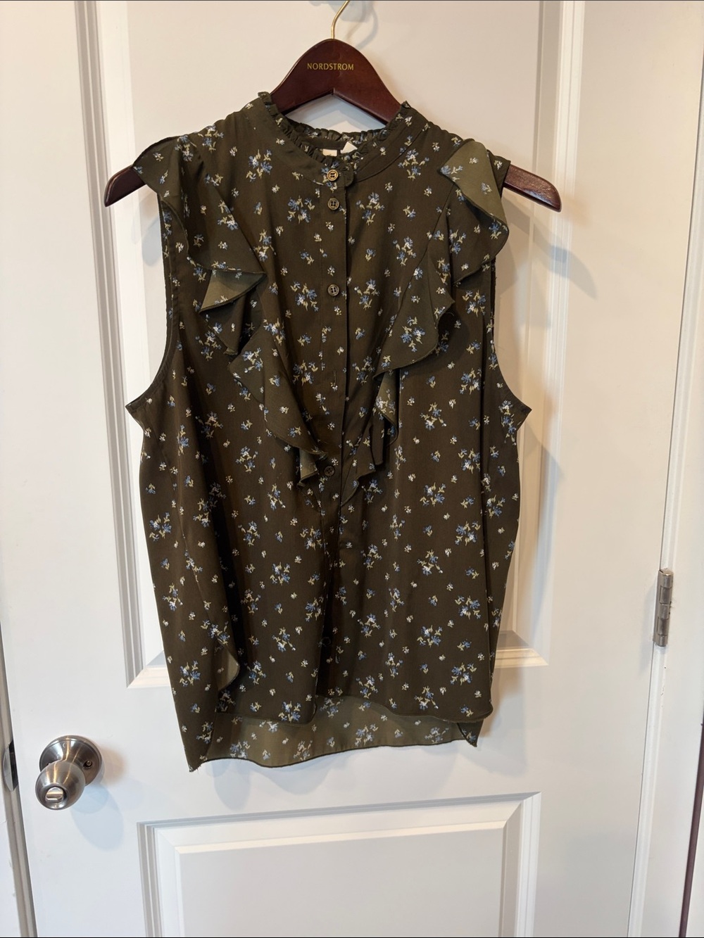 Treasure & Bond Olive Floral Ruffle Sleeveless Blouse
